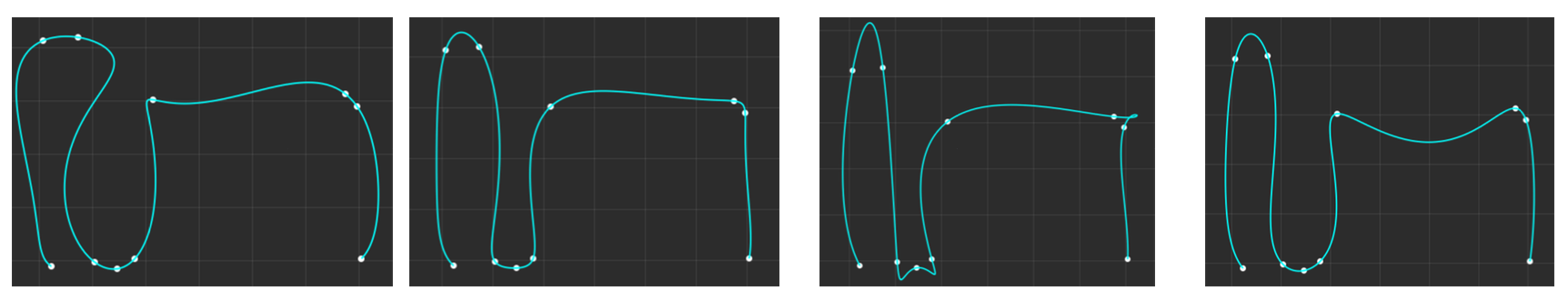 不同参数化对高斯基函数拟合结果的影响。从左到右参数化类型依次为弦长参数化、中心参数化、均匀参数化和Foley-Nielsen参数化